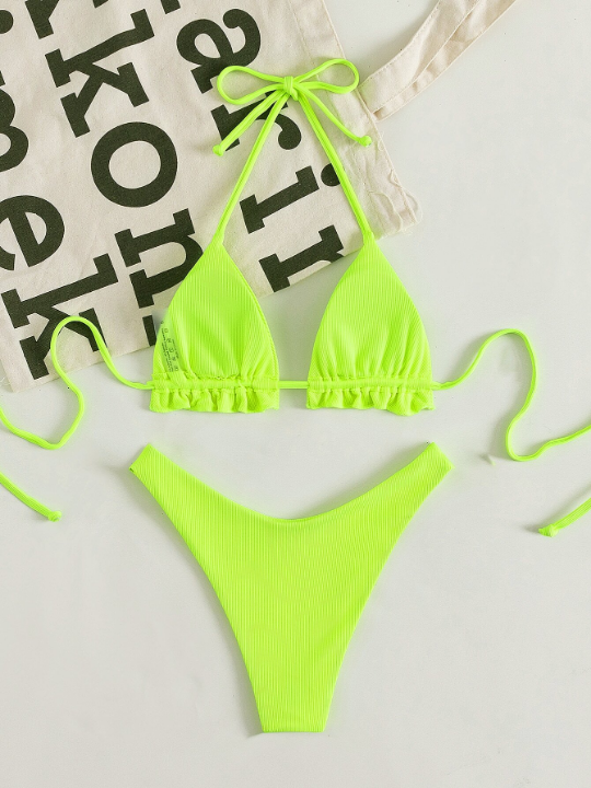 Swim Vcay Neon Lime Ribbed Bikini Set Frill Trim Halter Triangle Bra Top & High Cut Bikini Bottom 2 Piece Swimsuit