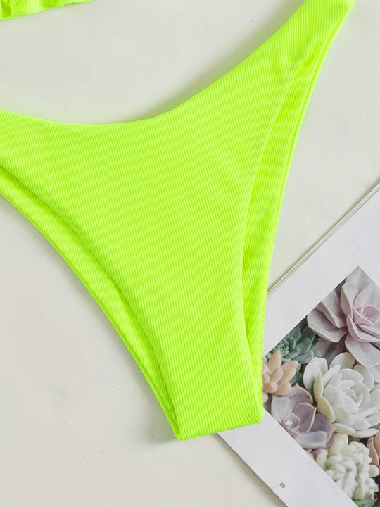 Swim Vcay Neon Lime Ribbed Bikini Set Frill Trim Halter Triangle Bra Top & High Cut Bikini Bottom 2 Piece Swimsuit