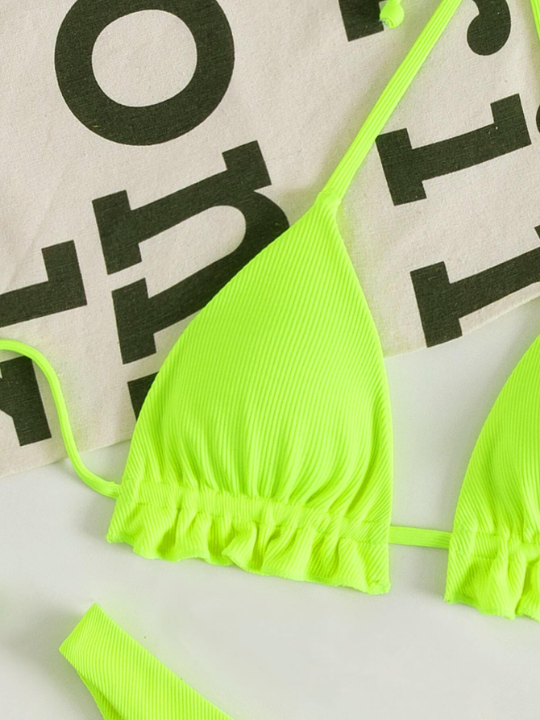 Swim Vcay Neon Lime Ribbed Bikini Set Frill Trim Halter Triangle Bra Top & High Cut Bikini Bottom 2 Piece Swimsuit