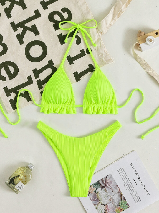 Swim Vcay Neon Lime Ribbed Bikini Set Frill Trim Halter Triangle Bra Top & High Cut Bikini Bottom 2 Piece Swimsuit