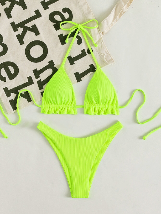 Swim Vcay Neon Lime Ribbed Bikini Set Frill Trim Halter Triangle Bra Top & High Cut Bikini Bottom 2 Piece Swimsuit