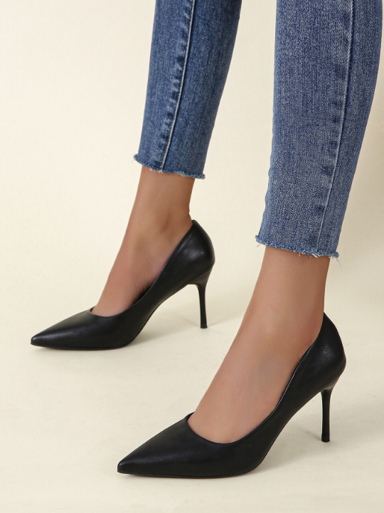 Women's Elegant Black Solid Color High Heel Single Shoes, Minimalist Pointed-toe Thin Heels Pumps