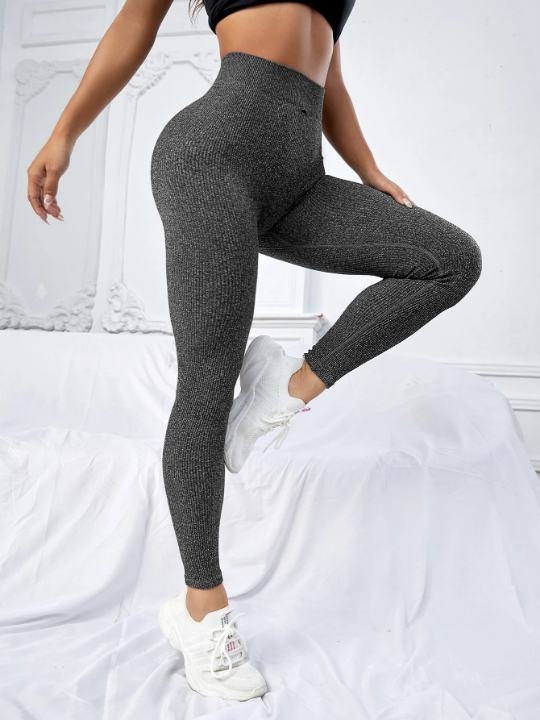 Yoga Basic Rib-knit Running Tights Seamless Medium Stretch Athletic Leggings