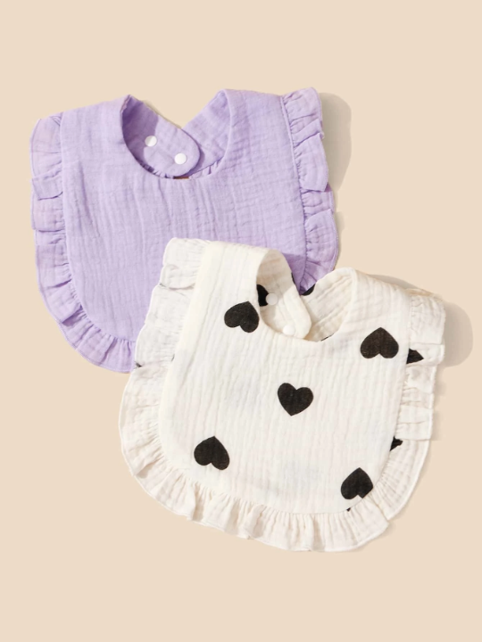 2pcs Baby Bibs With Heart Shaped Pattern And Ruffle Decoration