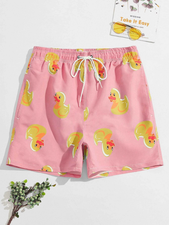 Manfinity Swimmode Men Random Cartoon Duck Print Swim Trunks