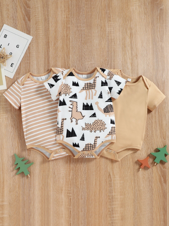 Baby Boy 3pcs Striped And Cartoon Dinosaur Bodysuit