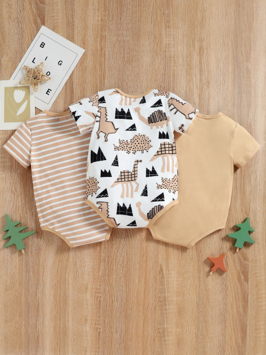 Baby Boy 3pcs Striped And Cartoon Dinosaur Bodysuit