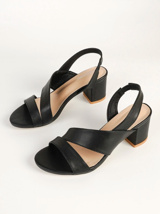 Minimalist Chunky Heeled Slingback Sandals, Black Fashionable Solid Color Open Back Heels