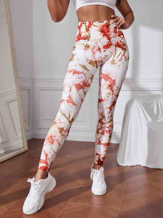 Yoga Trendy Tie Dye Yoga Leggings Ribbed Panel Wide Waistband Active Tights