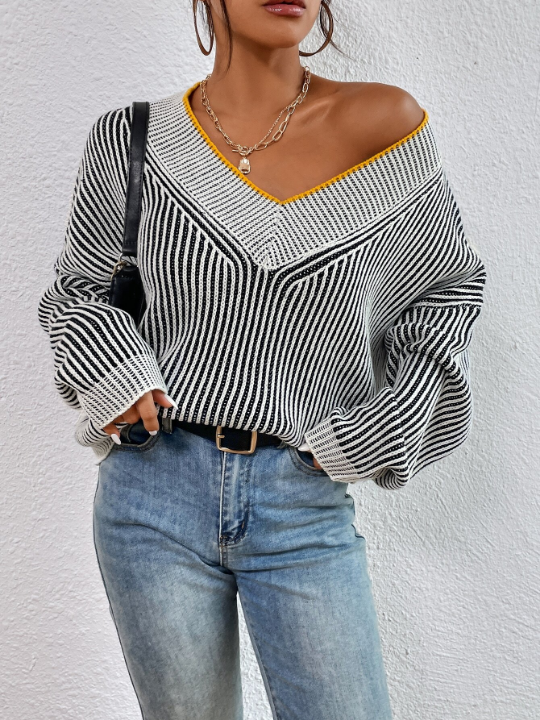 Priv Vertical Stripe Pattern Drop Shoulder Sweater