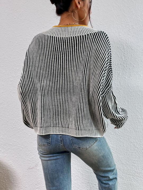 Priv Vertical Stripe Pattern Drop Shoulder Sweater