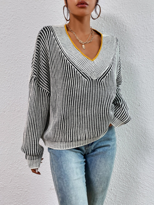 Priv Vertical Stripe Pattern Drop Shoulder Sweater