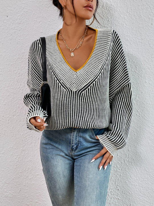 Priv Vertical Stripe Pattern Drop Shoulder Sweater