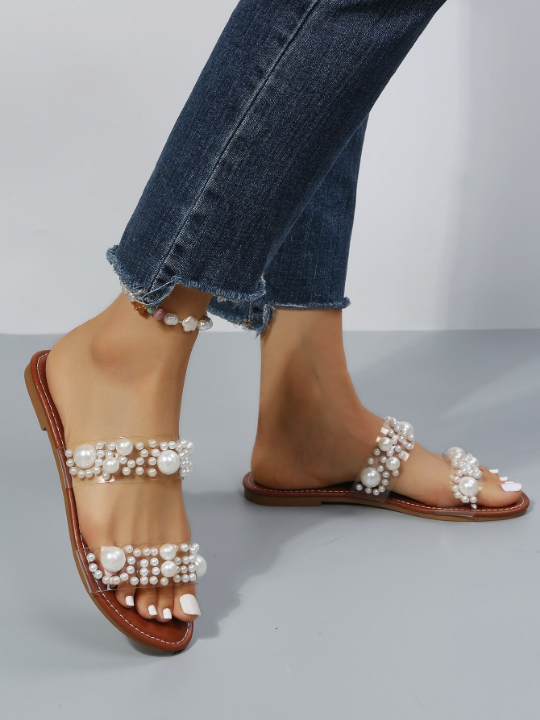 Women Faux Pearl Decor Slide Fashion Sandals