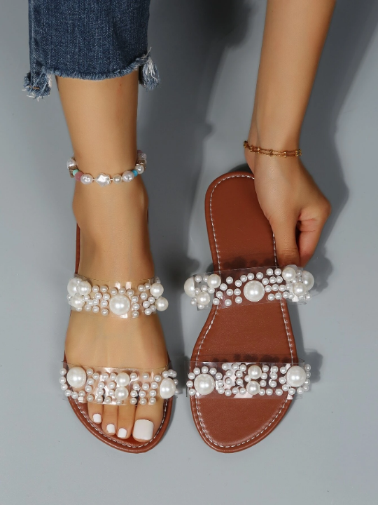 Women Faux Pearl Decor Slide Fashion Sandals