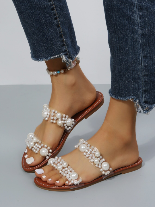 Women Faux Pearl Decor Slide Fashion Sandals