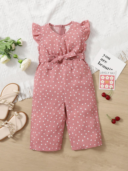 Baby Girl Polka Dot Ruffle Sleeve Belted Jumpsuit