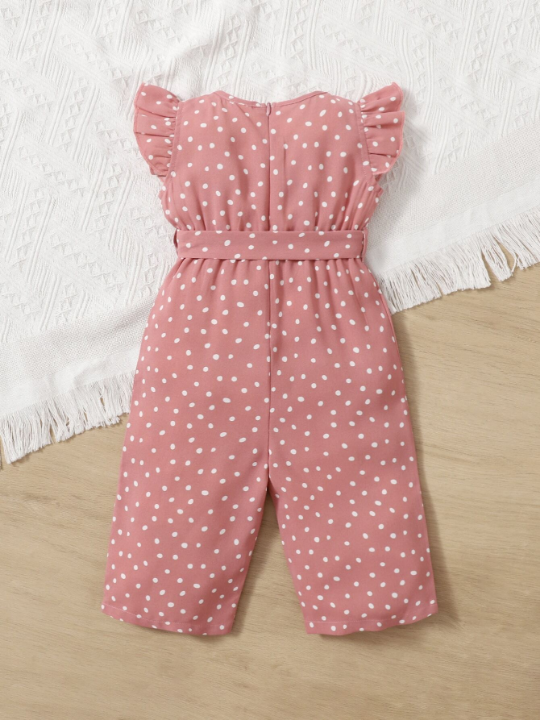 Baby Girl Polka Dot Ruffle Sleeve Belted Jumpsuit