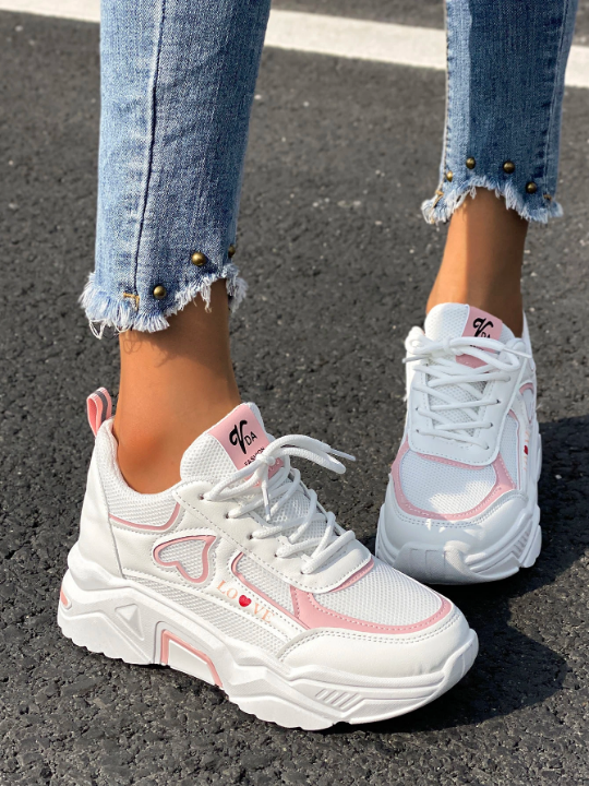 Women Heart & Letter Graphic Lace-up Front Wedge Sneakers, Sporty White Non-Slip Breathable Chunky Shoes