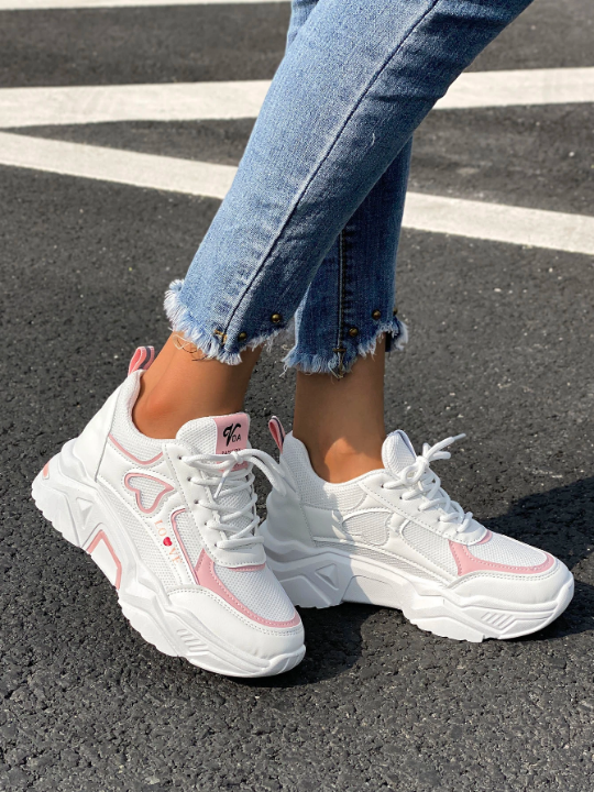 Women Heart & Letter Graphic Lace-up Front Wedge Sneakers, Sporty White Non-Slip Breathable Chunky Shoes