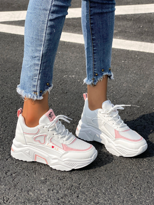 Women Heart & Letter Graphic Lace-up Front Wedge Sneakers, Sporty White Non-Slip Breathable Chunky Shoes