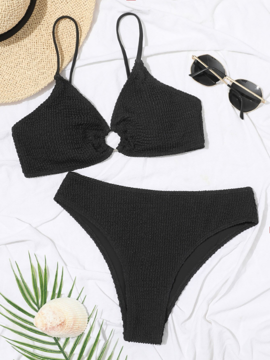 Swim Basics Textured Bikini Set O-Ring Detail Cami Bra & Bikini Bottom 2 Piece Bathing Suit