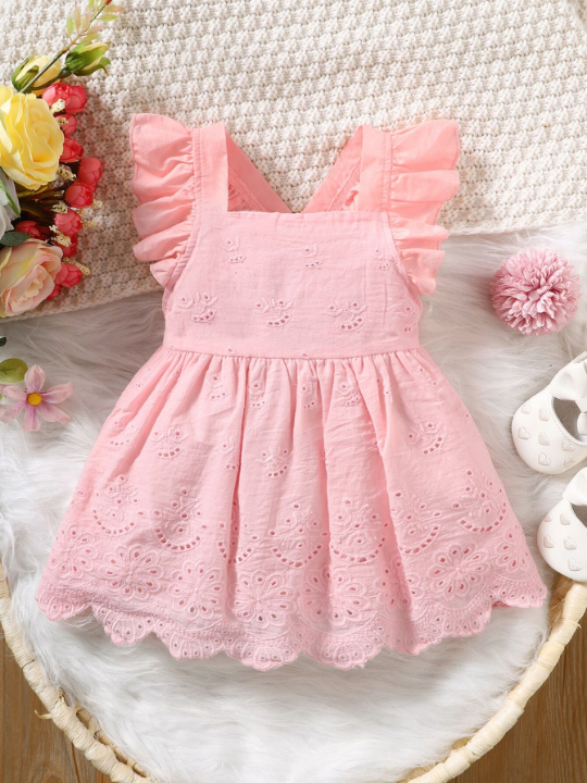 Baby Flutter Sleeve Square Neck Eyelet Embroidered Dress