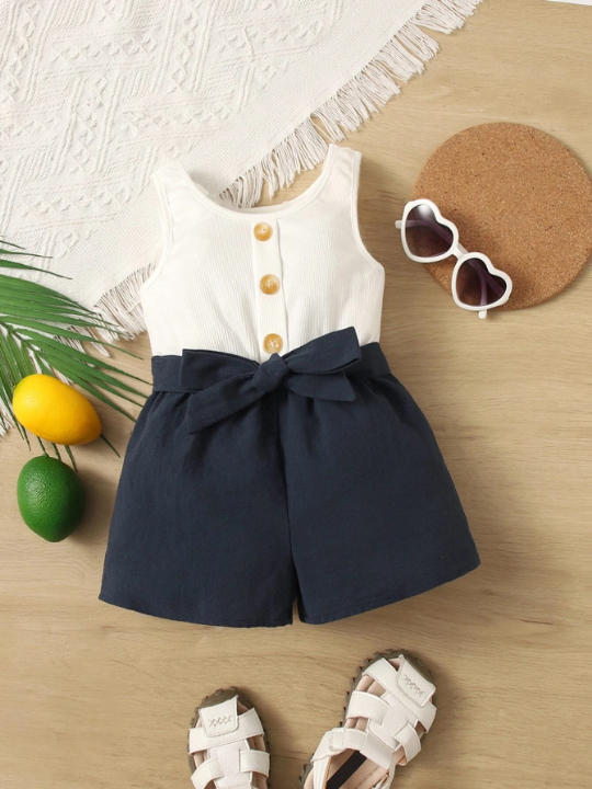 Baby Two Tone Belted Tank Romper