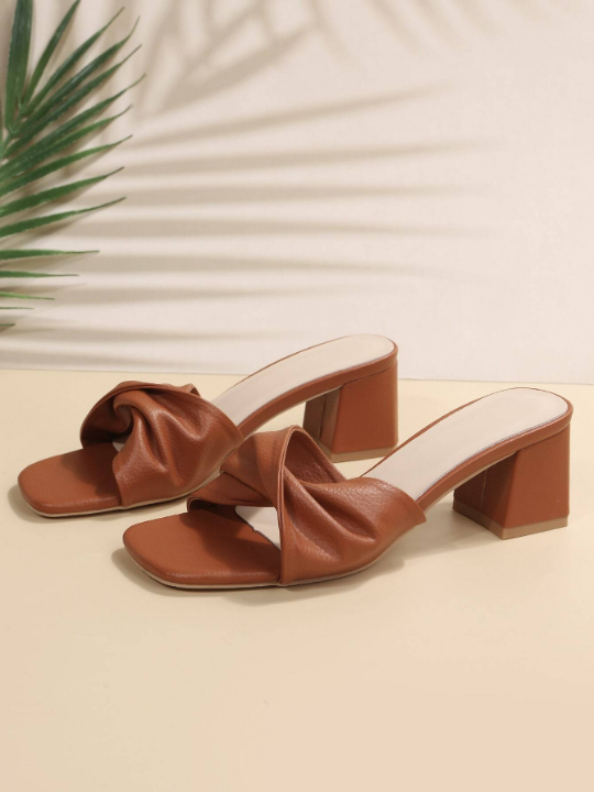 Women Twist Decor Chunky Heeled Mule Sandals, Elegant Summer Heeled Sandals