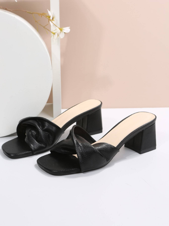 Women Twist Decor Chunky Heeled Mule Sandals, Elegant Summer Heeled Sandals