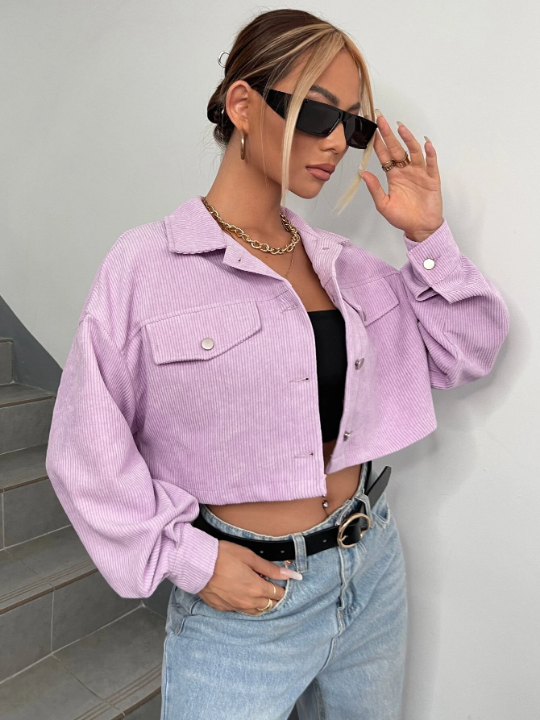 EZwear Drop Shoulder Flap Detail Crop Corduroy Jacket