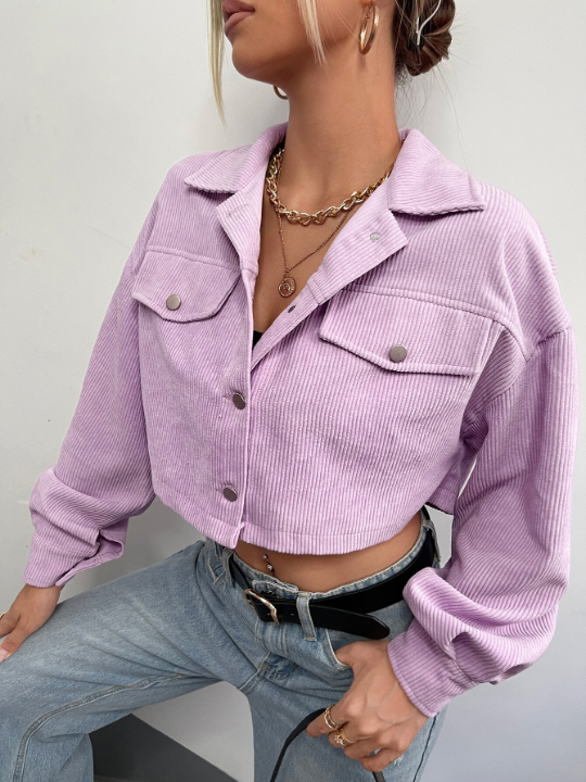 EZwear Drop Shoulder Flap Detail Crop Corduroy Jacket