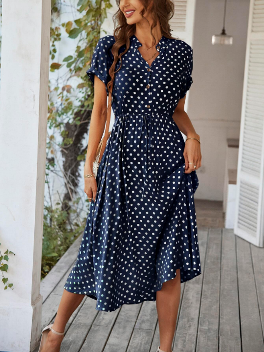 VCAY Polka Dot Drawstring Button Front Dress