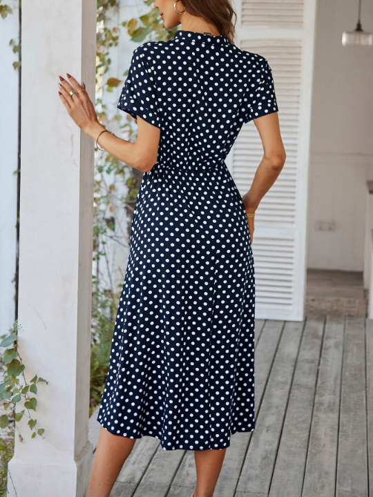 VCAY Polka Dot Drawstring Button Front Dress