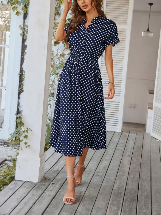 VCAY Polka Dot Drawstring Button Front Dress