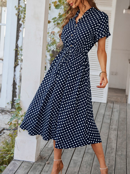 VCAY Polka Dot Drawstring Button Front Dress