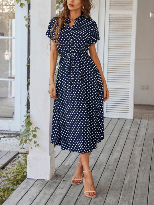 VCAY Polka Dot Drawstring Button Front Dress