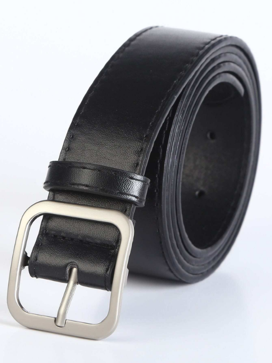 1pc Men's Black Pu Square Buckle Fashion Belt For Daily Life