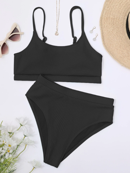 Swim Basics Ribbed High Waist Bikini Swimsuit