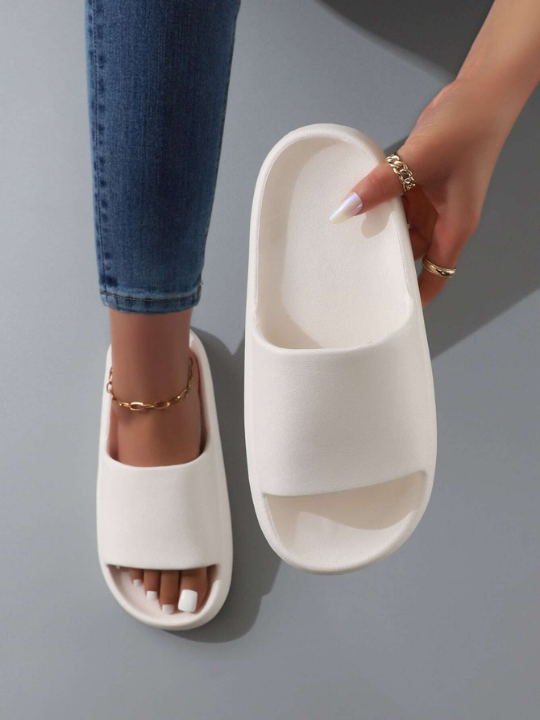 Fashion White Slippers For Women, Minimalist Single Band Slides