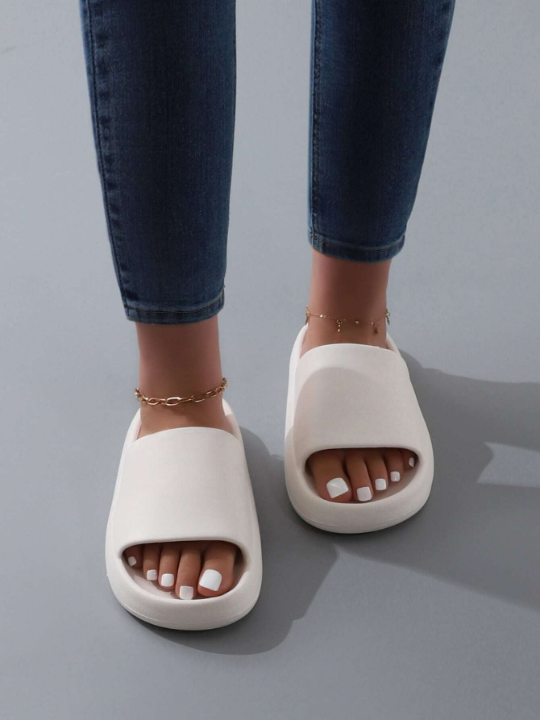 Fashion White Slippers For Women, Minimalist Single Band Slides