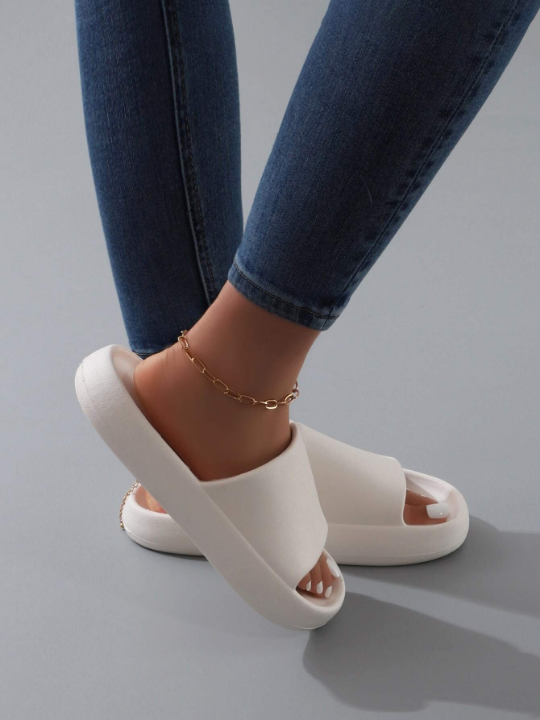 Fashion White Slippers For Women, Minimalist Single Band Slides