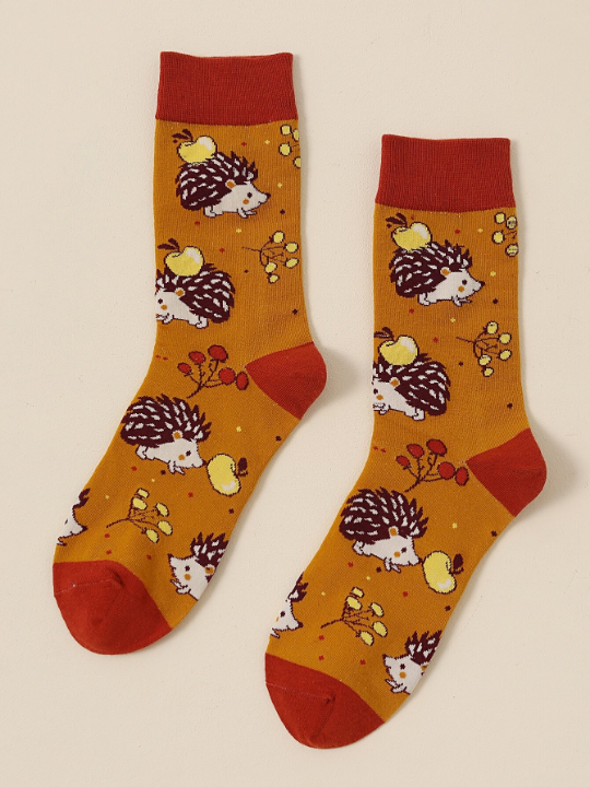 Apple & Hedgehog Pattern Crew Socks