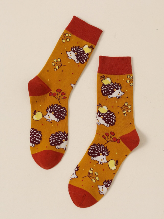 Apple & Hedgehog Pattern Crew Socks