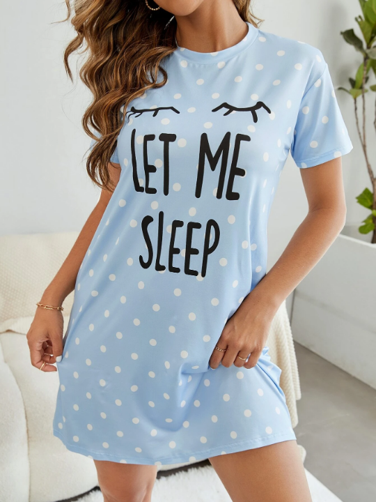 Slogan And Polka Dot Print Night Dress