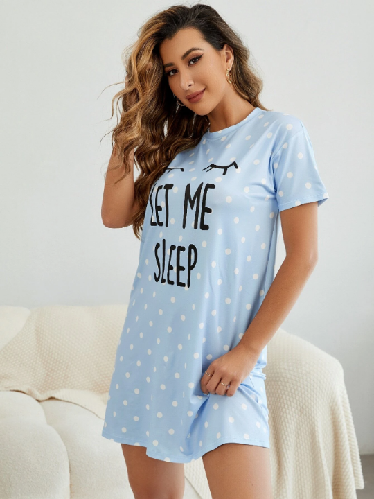 Slogan And Polka Dot Print Night Dress