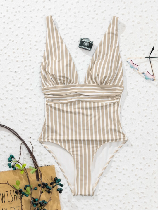 Swim Vcay Striped Ruched One Piece Swimsuit