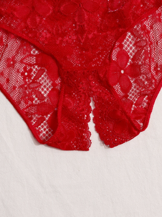 Floral Lace Bow Front Open Crotch Panty