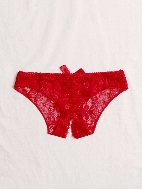 Floral Lace Bow Front Open Crotch Panty