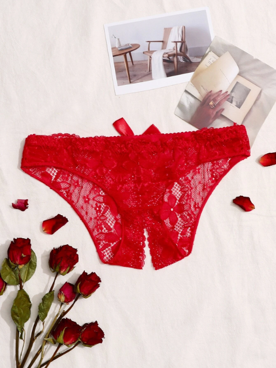 Floral Lace Bow Front Open Crotch Panty